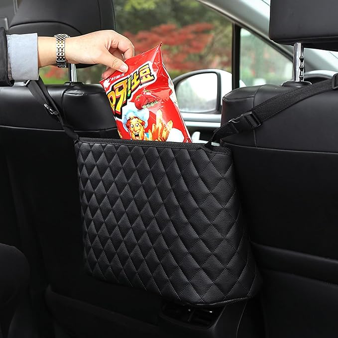Car Net Pocket Handbag Holder Between Seats, Large Capacity Car Bag Purse Holder, with 2 Headrest Hooks, Heightened Front Railing, Leather Material, Reinforced Wiring, Rear Backseat Organizer