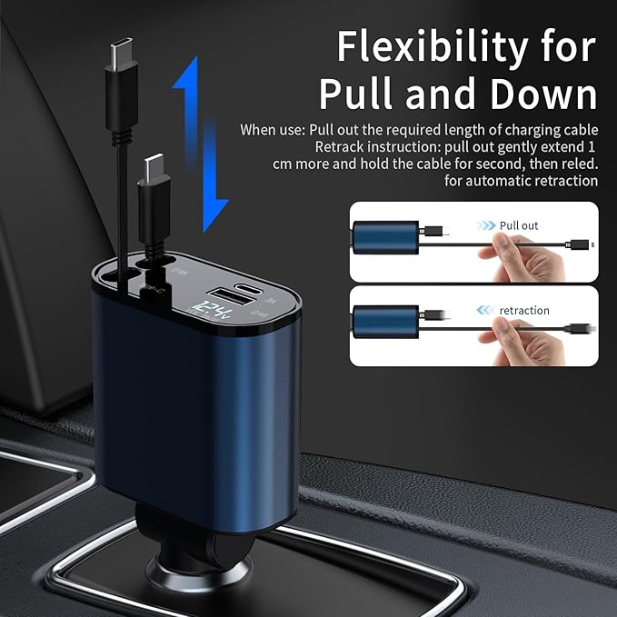 69W Fast Charging USB C Car Charger, 4-in-1 Retractable Phone Charger for iPhone 17, Travel Essentials, Gifts for Women Men, Car Accessories for Women Men, for iPhone 17 16 15 14 13, Galaxy, Pixel