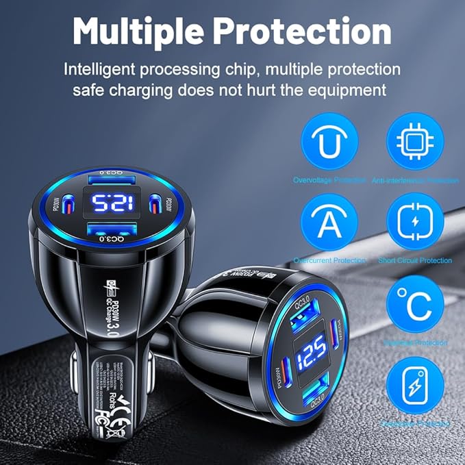 USB C Car Phone Charger Adapter with Voltmeter Compatible with iPhone 16 15 14 13 12 11, Android, Samsung, 100W 4 in 1 Multi-Port Fast Charging Cigarette Lighter USB Charger (Black)