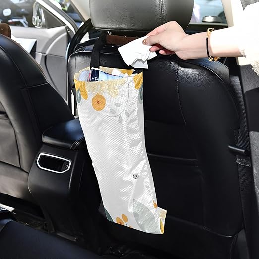 ALAZA Hanging Car Trash Bags Garbage Bag Trash Can for Back Seat Small Yellow Flowers Washable Storage Bag Retractable 2 Pack