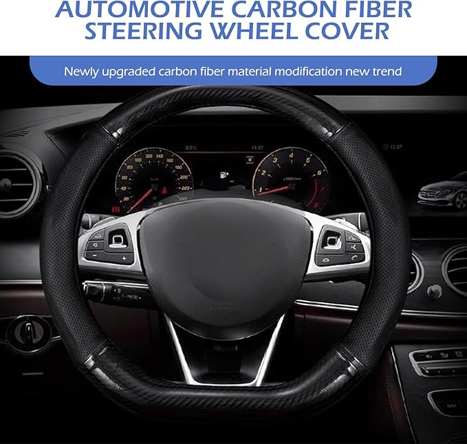 Car Steering Wheel Cover, Carbon Fiber Trim Breathable Sweat-absorbent Protector, Close Fitting Non-slip and Scratch-resistant Cover for All Seasons, for Most Cars Trucks (Black #D-shaped)