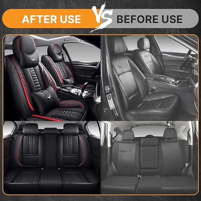 Pengchen Full Set of Universal Fit Automotive Seat Covers fit for Honda Crosstour 2012-2015, PU Leather Automobile Interior Sets with Headrest & Back Pillow Black & Red Line