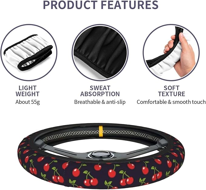 Cute Cherry Steering Wheel Cover for Women Men with 2 Pcs Car Coasters, 15 Inches Neoprene Anti-Slip Cute Universal Red Car Accessories Protective Cover for Vehicle