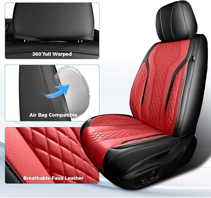 FEINEPRO Leather Car Seat Covers Full Set, Breathable Faux Leather Seat Covers for Cars SUV Sedan Waterproof BlackRed