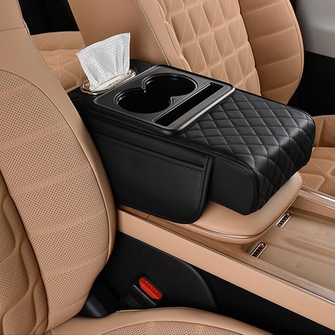 Leather car armrest Organizer with Cup Holders, Storage Pockets & Anti-Slip pad. Universal fit, Easy Install. (Black)