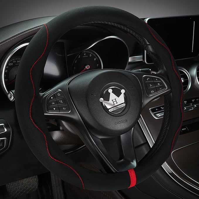Luxury Suede Steering Wheel Cover for Cars, Soft Leather Padded Wheels Cover for Sedan, SUV, Thin Car Handle Cover, Universal Fit, Anti Slip, 14.75-15.15in, Black