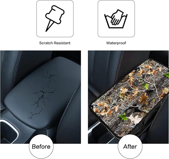 JANENFNA Car Armrest Cover Pads Universal Fashion Cute Auto Center Console Armrest Cover Pad with 2PCS Car Coasters Soft Waterproof Car Armrest Seat Protector for Women,Camo Leaves Pattern