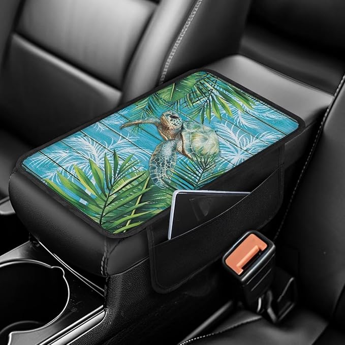 Dreaweet Tropical Leaf Print Car Armrest Cover Sea Turtle Car Accessories Center Console Cover with Pockets,Soft Arm Rest Cover for Car SUV Truck Sedan Van