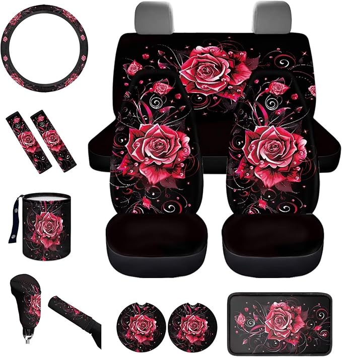Dngkaoje Romantic Rose Car Seat Covers Full Set 13 Pack Vintage Red Rose Car Accessories Set with Steering Wheel Covers,Universal Collapsible Garbage Bin,Cup Holders,Armrest Cushion Pad
