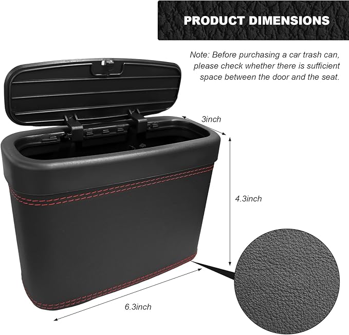 Car Trash Can with Lid, Leather Auto Dustbin Hanging Organizer with Mounting Clip, Multi-Purpose Leakproof Vehicle Garbage Bin Storage Container for Cars SUVs RVs (Black)