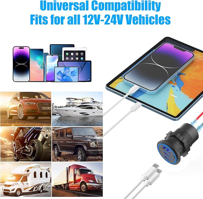USB C Car Charger Socket 12V USB Outlet, 78W Dual 30W PD and 18W QC3.0 Multi Port Cylinder Charger with Button Switch Waterproof for Car Boat RV Marine Golf Cart Truck Bus Motorcycle etc.