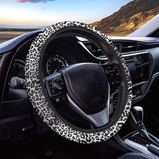Universal Non-Slip Steering Wheel Cover, 15-inch Polyester Material Driving Accessories, Adjustable for Car and Truck(Artistic Black White Leopard)