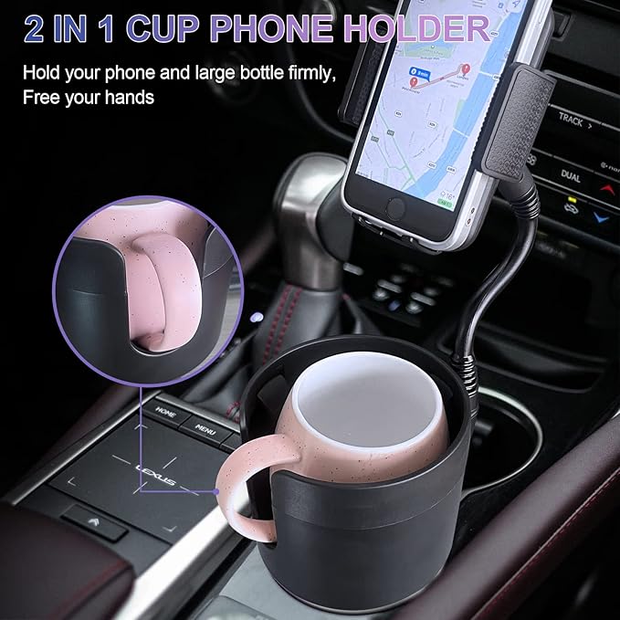 JINKEY Car Cup Holder Expander with Phone Mount,360°Rotation Gooseneck Phone Holder with Adjustable Base Cup Holder for Car Compatible with iPhone & All Smartphones