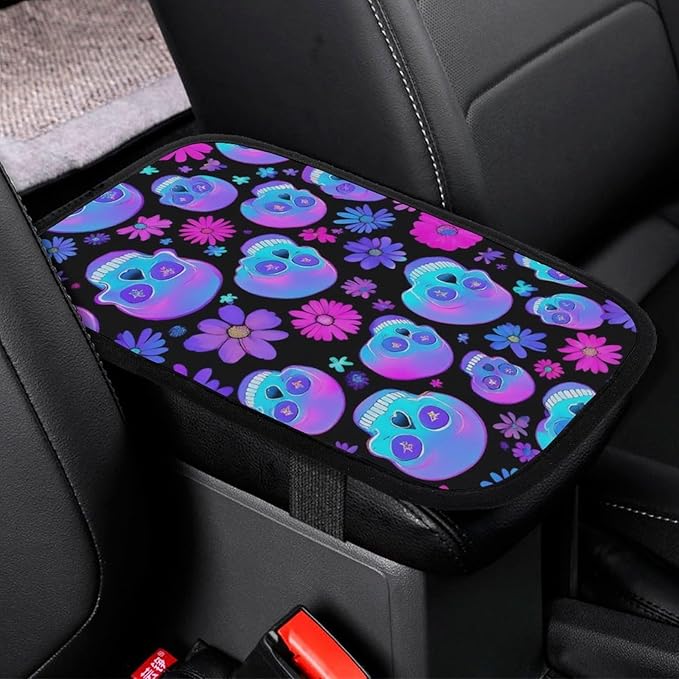 Auto Center Console Cover Neon Purple Flowers Floral Skull Car Armrest Pad Seat Box Cushion Car Accessories Decor Universal Fit Most Vehicles Trucks