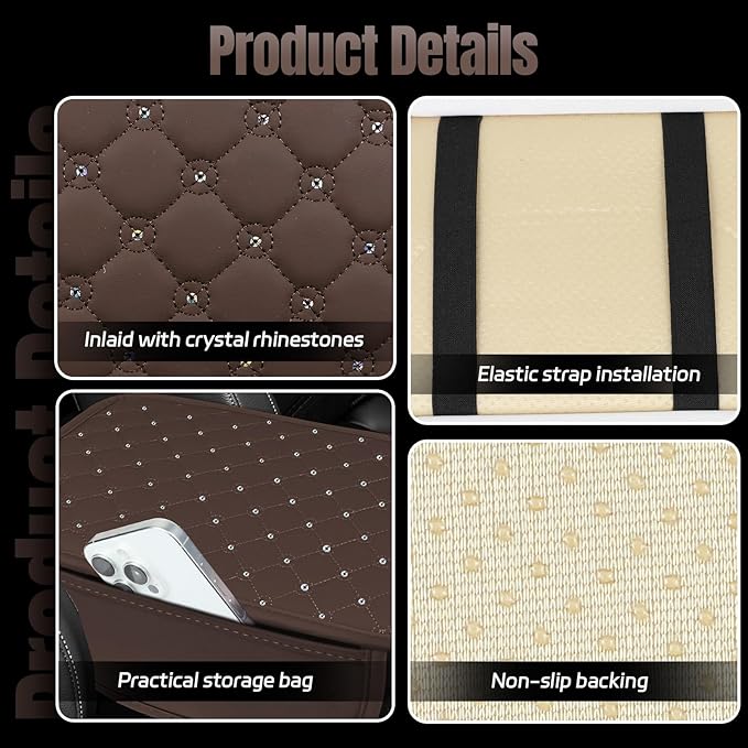 wuyaoyao Bling Car Center Console Cover, 11.81"×7.87" Leather Auto Arm Rest Cover Protector with 2 Storage Bags, Vehicle Crystal Rhinestone Armrest Cushion Pad, Interior Car Accessories (Coffee)