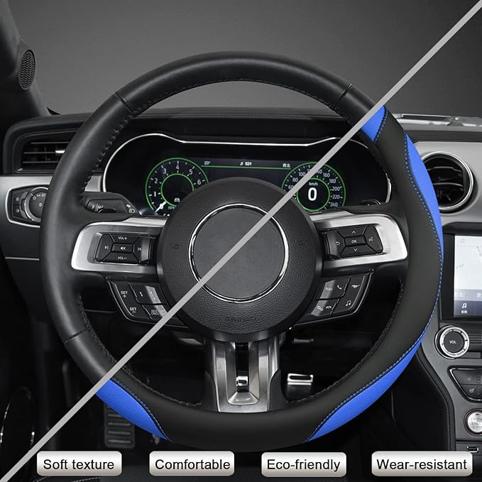 West Llama Car Steering Wheel Cover for Ford Escape,Explorer,Fusion,Focus,Bronco,Transit,Edge(Black+Blue- Standard Size)