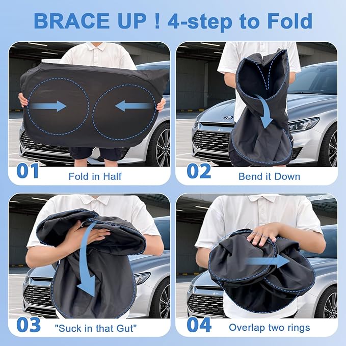 PEMOTech Windshield Sun Shade with Storage Pouch | 6X Thickened Coating | Overlapping Sun Shade for Car Windshield | Blocks 99% Sunburn & Keeps Interior Cool | Rear View Mirror Compatible (64''x32'')