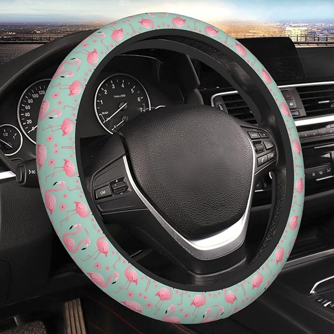 Flamingoes Pattern Neoprene Steering Wheel Covers Women Men Car Accessories, Universal 15 Inch Fit Auto, Suvs, Truck