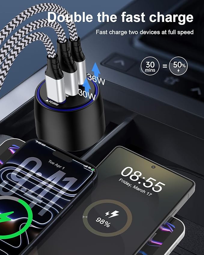 USB C Car Charger, 3-Port Super Fast Charging Cigarette Lighter Adapter for iPhone 17 Pro/Air/16/15/14/13/iPad, USBA & USBC Multiport Car Phone Charger Accessories for Samsung S25/S24 FE/S23/S22/A17