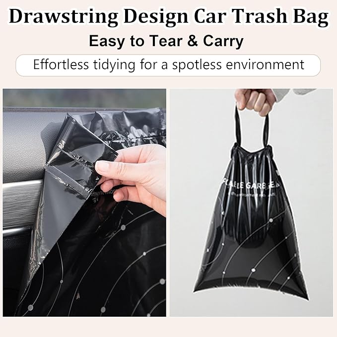 SHUESS 160 PCS Disposable Car Trash Bags, Drawstring Car Garbage Bags Self Adhesive, 9.4x12 Inches Small Trash Bag for Car Interior Hanging, Backseat, Kitchen, Travel