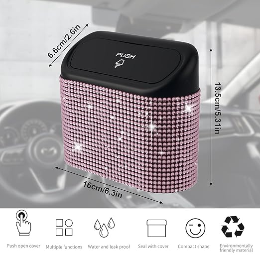 Bling Car Trash Can with Lid Mini Auto Garbage Bin Rhinestone Hanging Vehicle Trash Container Odor Proof Organizer (Pink)
