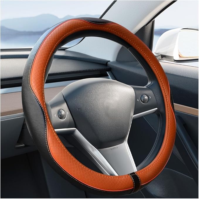 Car Steering Wheel Cover, 14.5-15" Leather Anti-Slip Sport Style Vehicle Steering Wheel Protector, Breathable Auto Interior Protection Accessories, Universal for SUV Van RV (Black/Orange)