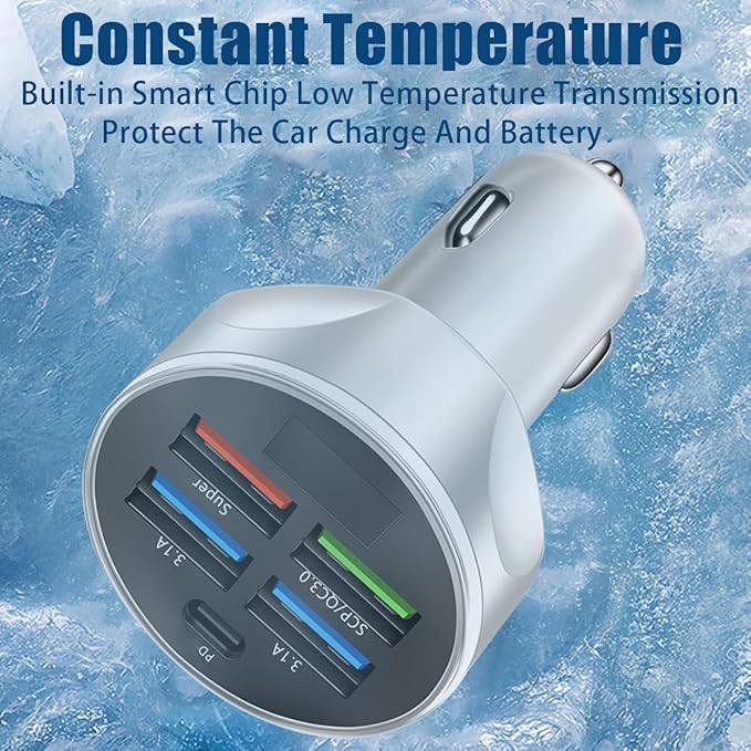 5 Port USB Car Charger, 250W Super Fast Charging Cigarette Lighter Adapter with LED Voltage Monitor, 4USB+Type C Multi Port Car Accessories Interior Compatible with Most Smart Phone (White)