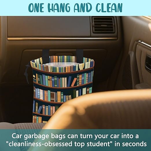 KXWQTRDD Car Trash Bag Books on Shelves Leak-Proof Car Garbage Bag with Drawstring Foldable Canvas Trash Bin with Adjustable Buckle for Car Accessories