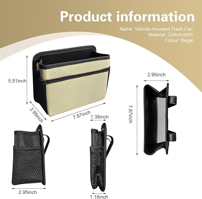 Collapsible Car Trash Can, Oxford Cloth Auto Trash Bin Hanging, Waterproof Automotive Interior Hanging Mini Dustbin Storage Bag Accessories for Vans, SUVs (Beige)