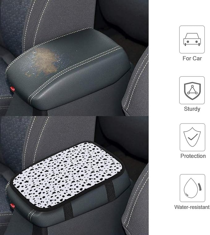Black and White Dalmatian Print Car Center Console Cushion Pad,Waterproof Armrest Seat Box Cover Protector,Comfortable Car Decor Accessories Fit for Most Cars, Vehicles, SUVs