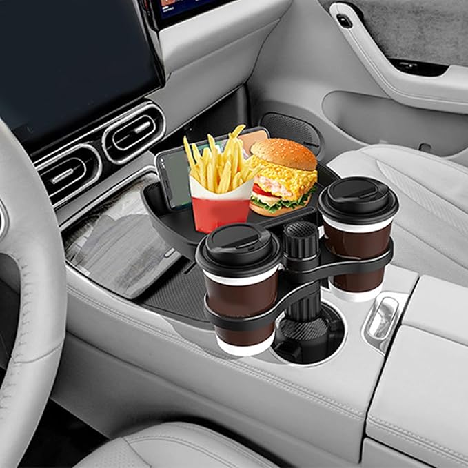 VBESTLIFE 4 in 1 Car Cup Holder Expander Tray, Car Cup Holder + Phone Mount + Food Tray Multifunctional Cup Holder Tray with 360° Rotation Base, for Truck RV Driver Road