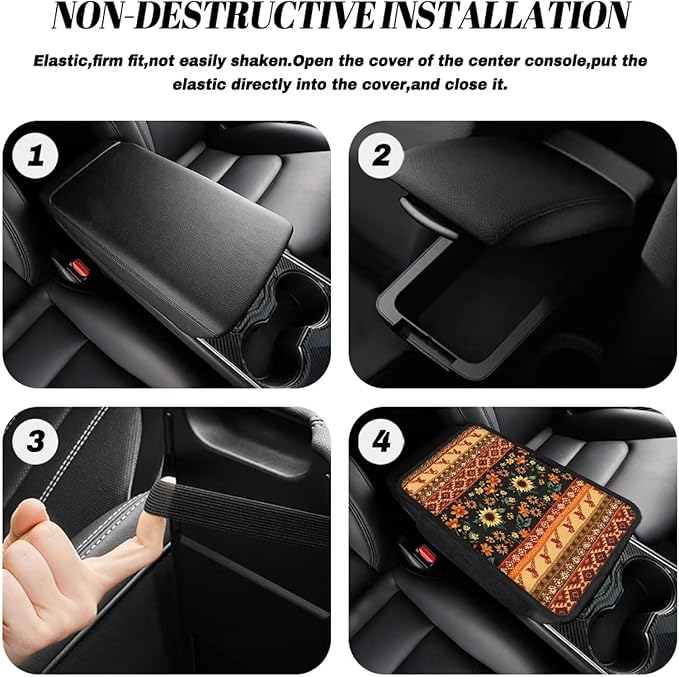 Dreaweet Sunflower Aztec Print Center Console Cover for Car with Storage Pockets,Universal Arm Rest Cover for Car SUV Truck,Car Armrest Cover Center Console