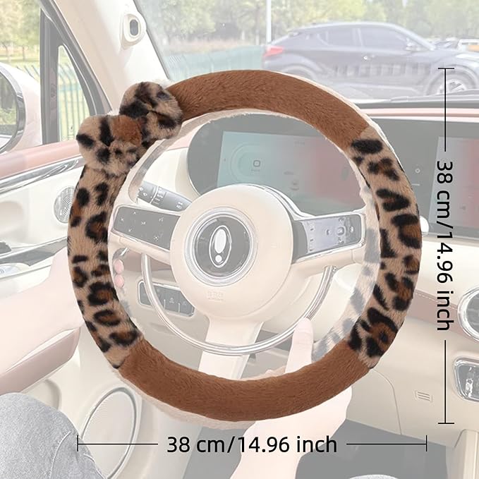 Car Steering Wheel Cover with Leopard Print & Cute Bowknot Soft Anti-Slip Y2K Retro Luxury Fluffy Fur Car Interior Accessory (Brown)