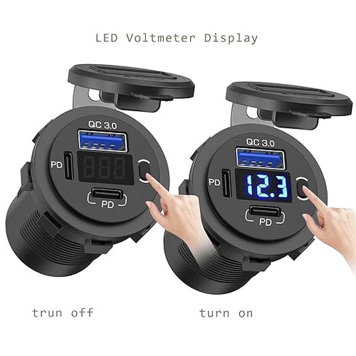 12V USB Outlet, Dual USB C Car Charger Socket & Quick Charge 3.0 Port with Voltmeter and Power Switch for Car Boat Marine Truck 2 Pack