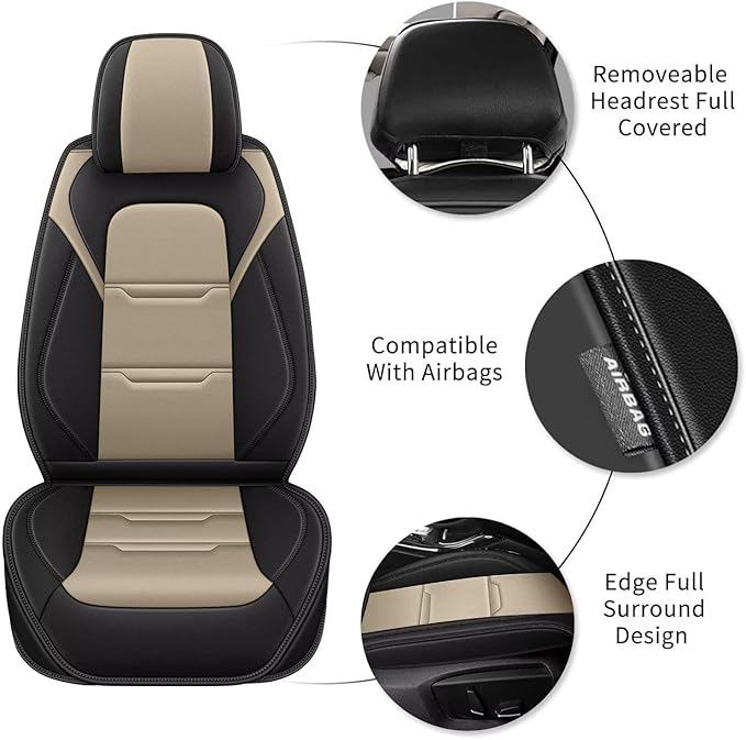 YORKNEIC 2 Front Car Seat Covers for Kia Spectra 2002-2009 Faux Leather Waterproof Seat Covers Automotive Seat Protectors Cushions with Airbag Compatible(2 Front Seat,Black&Beige)