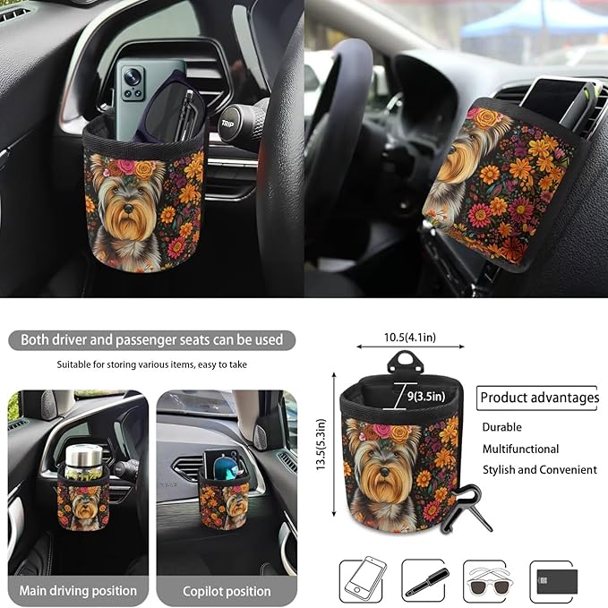 Yorkshire Terrier Print Car Interior Accessories Sets, Flower Print Front Seat Covers and Rear Split Bench Seat Cover, Steering Wheel Protector, Universal Fits for Most Cars SUV Truck Sedan