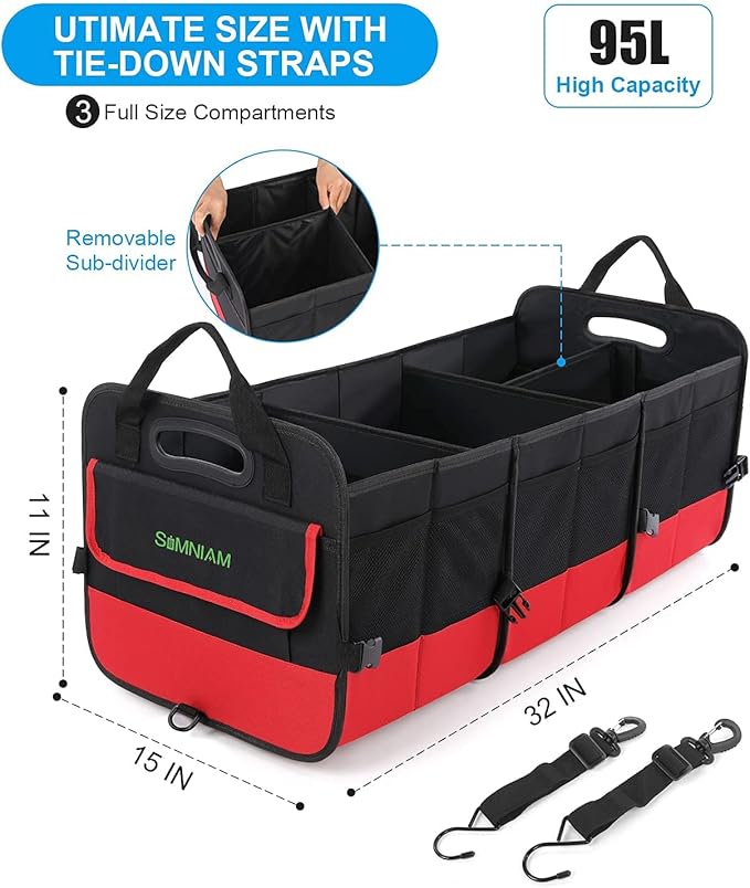 Simniam Large Trunk Organizer for Car, Collapsible Multi Compartment Car Trunk Organizer with 2 Retractable Straps, Suitable for All Kinds of Cars, SUV, Minivan - 4 Compartments Red