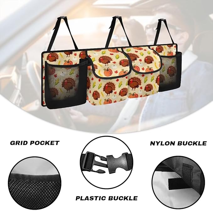 Thanksgiving Turkey Pumpkins Trunk Organizer, Collapsible Multi Pocket Car Organizer, Foldable SUV Storage Bag Car Accessories for Women Men, 3 Adjustable Straps
