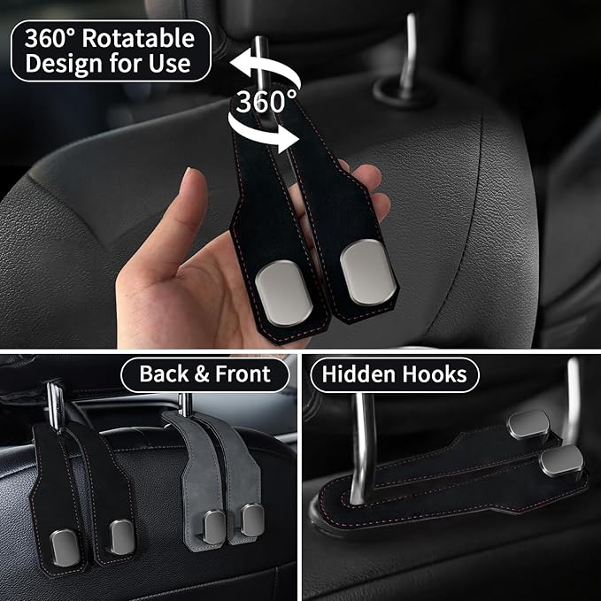 Car Seat Headrest Hooks for Purses and Bags, 2 Pack Bag Purse Holder for Car With Double Metal Hooks, Car Purse Hanger, Headrest Back Seat Handbags Hook Cute Hanging Accessories, Black