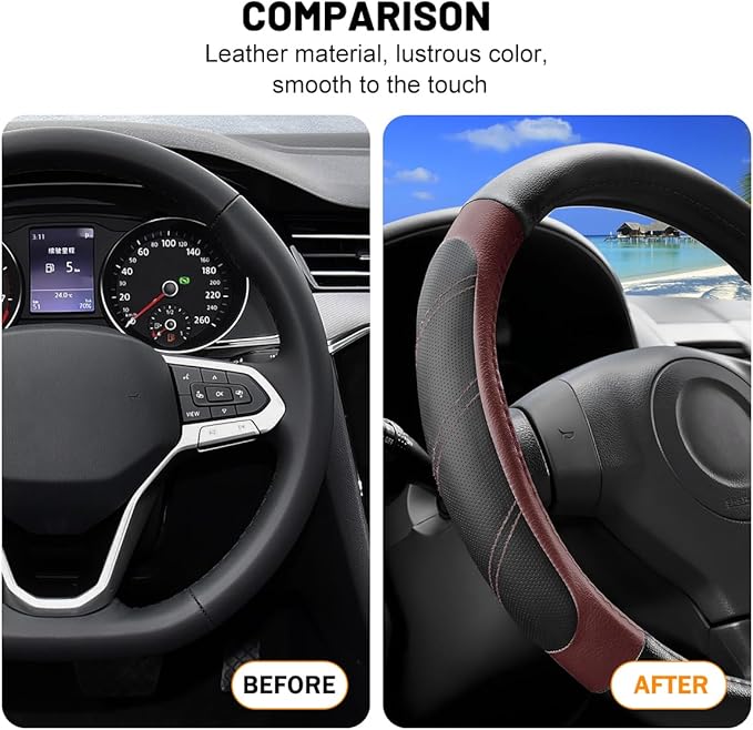 Car Steering Wheel Cover, 15 Inch Carbon Fiber Leather Non-Slip Steering Wheel Protector with Lining, Breathable Automotive Interior Accessories, Universal for SUV RV Truck (Wine Red)