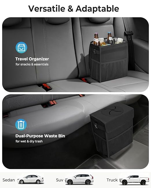 HORJONES Corduroy Car Trash Can with Lid and Mesh Pockets - Leakproof Organizer,Multipurpose Waterproof Garbage Can/Trash Bin for Car(Black-3 Gallons)