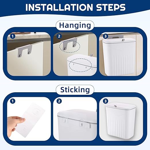 3 Pack Hanging Trash Can with Lid, Kitchen Compost Bin for Counter Top or Under Sink, Waste Basket Wall Mounted Garbage Can for Cupboard/Bathroom/Bedroom/Office/Camping (White)