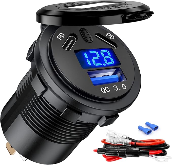 BATIGE 3 Ports Car Charger Socket Dual 45W PD Type C & 18W QC 3.0 with Voltmeter and Button Switch, USB Charger Socket for 12V/24V Car Boat Marine ATV Bus Truck RV Motorcycle