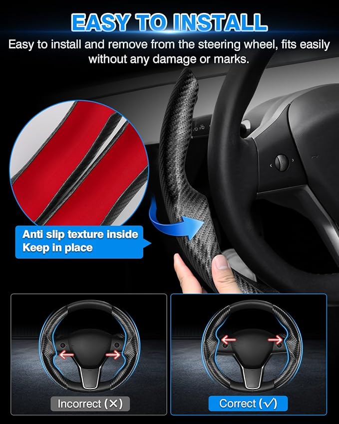 Shademax for Tesla Steering Wheel Cover Tesla Model Y/3 2017-2025 2026 (Fit Model Y Juniper 2026/ Model 3 Highland) Carbon Fiber Steering Wheel Cover Protector Anti-Slip Model Y/3 Accessories (Black)