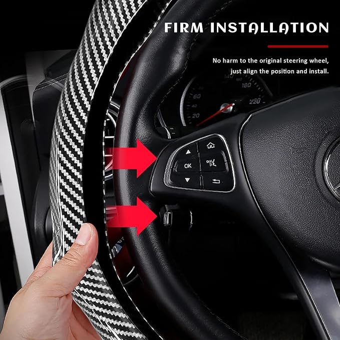 Sun Walker Carbon Fiber Car Steering Wheel Cover, 15" Anti-Slip Wear-Resistant Steering Wheel Protector Stylish Interior Decor, Ultra-Thin Comfortable Leather Wheel Cover for Women Men (Silver)