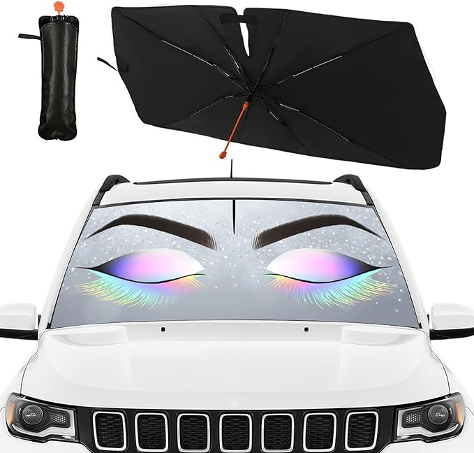 DOPINDU Eyelashes Car Windshield Sun Shade Umbrella with Bendable Handle Funny Eyes Eyelash Sunshade for Car Front Window Block UV Rays Foldable Sun Visor for Most Cars Trucks SUV 57"x30"