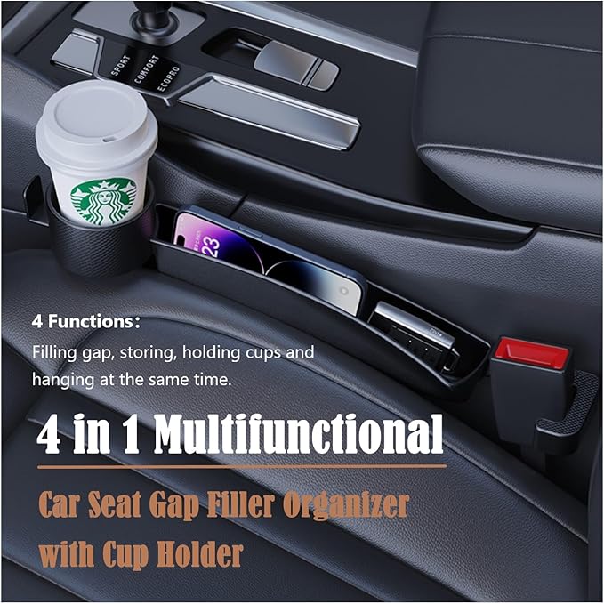 Dual Slot Car Seat Gap Organizer with Cup Holder, Universal Auto Gap Filler Strip 2 Pack with Seat Belt Holes, Carseat Side Gap Guard Spacer Accessories to Fill The Space Between Front Seat & Console