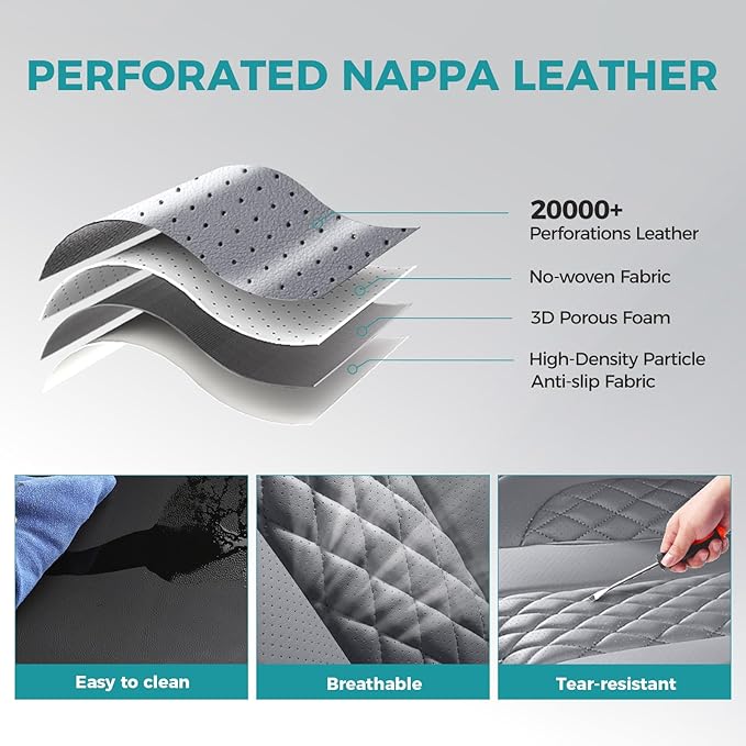 FEINEPRO Leather Car Seat Covers Full Set, Breathable Faux Leather Seat Covers for Cars SUV Sedan Waterproof Grey