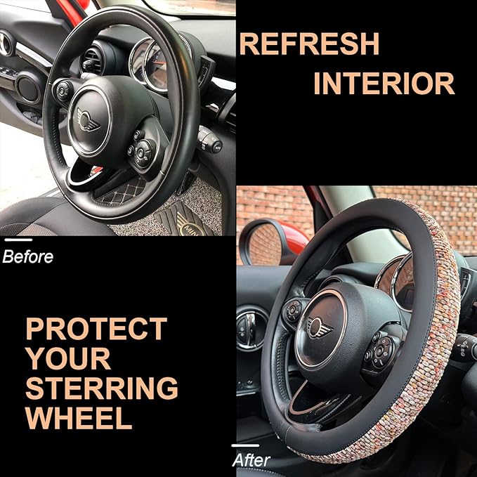 PINCTROT Large Size Chenille Leather Steering Wheel Cover, Soft Mottled Colors, Sweat-Proof, Non-Slip Grip, All-Season Comfort, 15.5-15.75 Inch(Mottled Red)