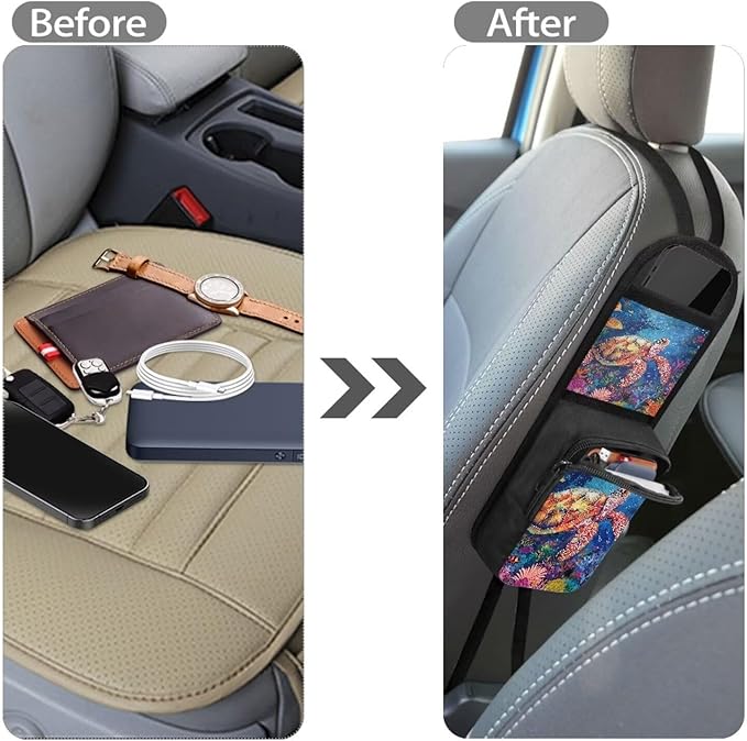 Sea Turtl Print Car Seat Organizer Auto Front Seat Side Hanging Bag Passenger Accessories Organizer,Multi Functional with ziiper and pocket mouth